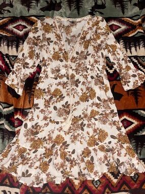 Wildfox Cream Floral Long Sleeve Boho Dress with Mustard Brown Print